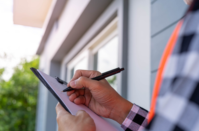 A clerk writing inspection notes on site